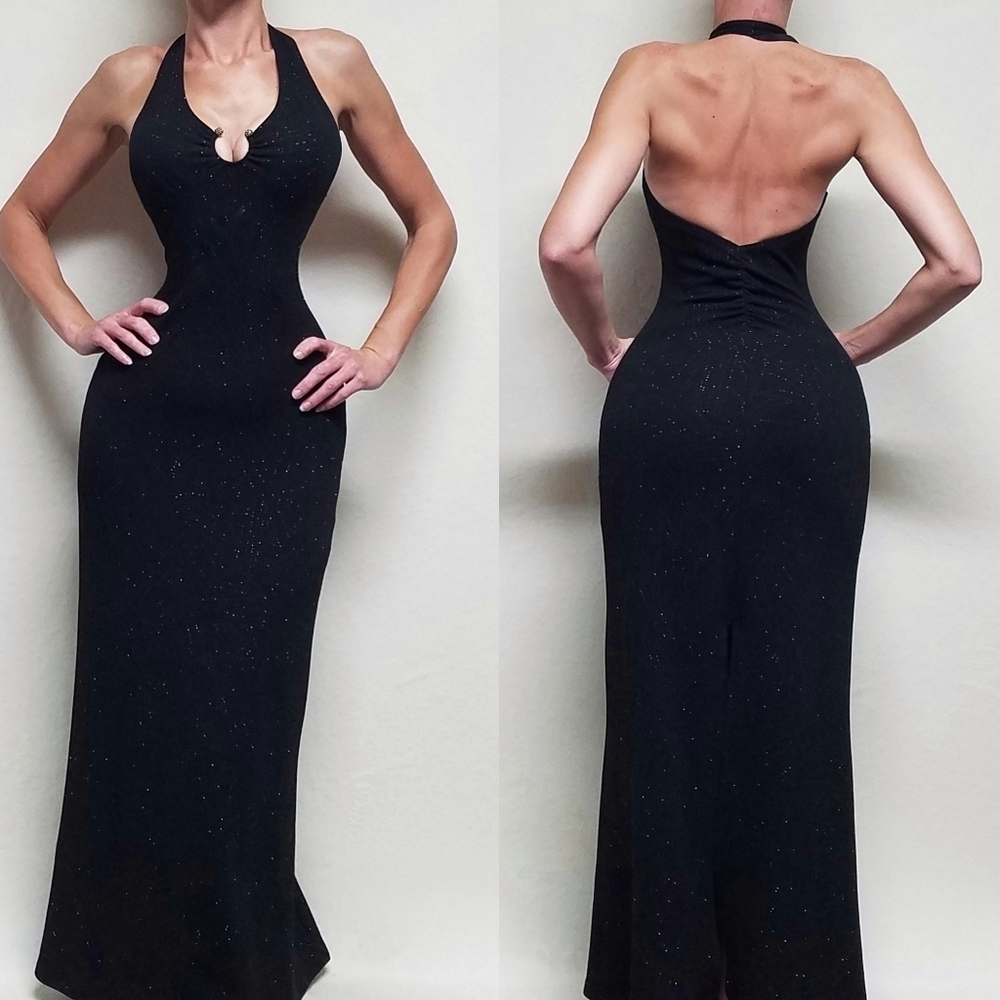 Vintage 80s Finesse Black Silver Metallic Horseshoe Backless Halter Maxi Dress M